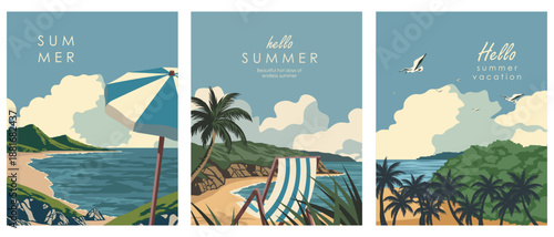 Hello Summer, summer landscapes, set of postcards, posters, covers