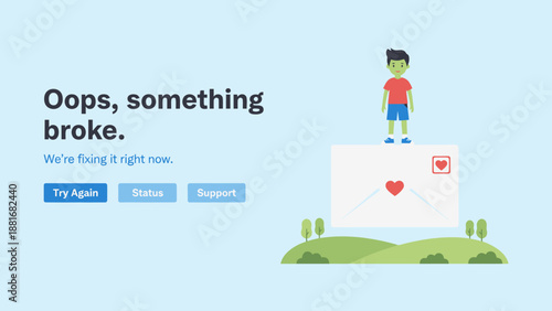 Oops, Something Broke Error Page. Friendly UI/UX vector illustration for website downtime, 404 message, and service failure notification template.