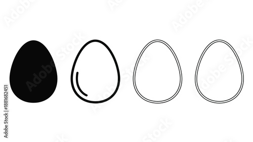 Four stylized illustrations of eggs, ranging from a solid black silhouette to a simple outline.
