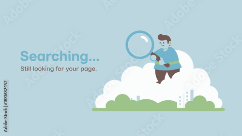 Searching Page Not Found 404 Error Screen Illustration. Man with magnifying glass looking for lost webpage or data loading issue.