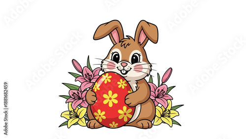A cute cartoon bunny holding a decorated Easter egg surrounded by lilies and other flowers.