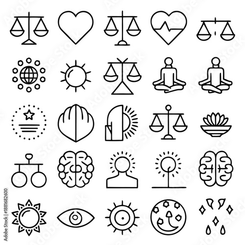 A collection of symbolic icons representing various themes such as balance, love, spirituality, and mental health.