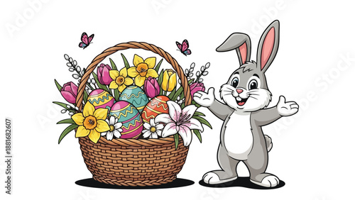 A cheerful cartoon Easter bunny stands next to a basket overflowing with colorful decorated eggs and spring flowers, with butterflies fluttering around.