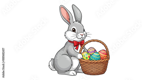 A cute cartoon Easter bunny wearing a red bow tie sits next to a basket full of colorful decorated Easter eggs.