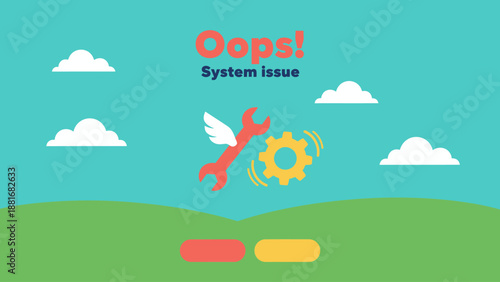 Oops! System Issue Error Page Illustration. Website Maintenance, 404 Page Not Found Concept with Flying Wrench and Gear in Cartoon Flat Design