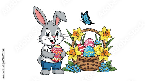 A cute cartoon Easter bunny holding a decorated egg next to a basket full of colorful Easter eggs and flowers, with a butterfly flying above.