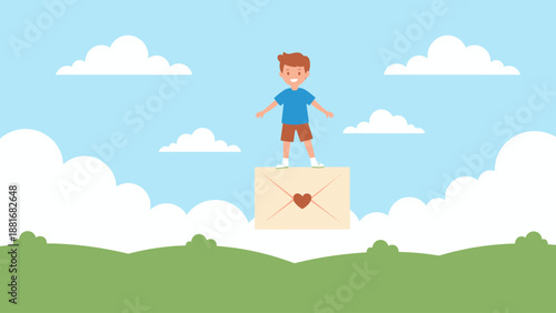 Happy Boy Standing on a Flying Love Letter Envelope Above Green Hills. Mail Delivery, Communication, and Childhood Imagination Concept Vector Illustration.