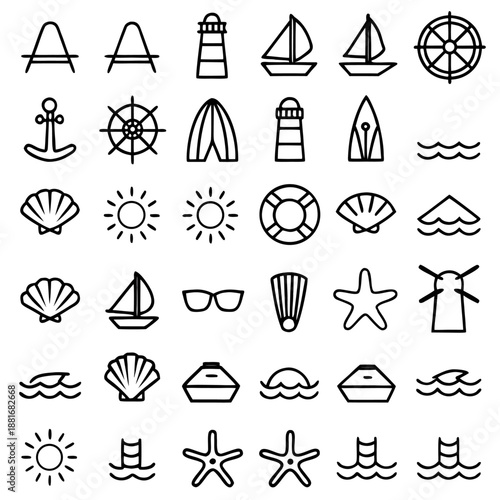 A collection of 36 black and white icons representing various nautical and beach themes, including anchors, lighthouses, sailboats, seashells, suns, waves, and other related symbols.