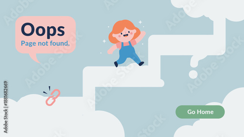 404 Error Page Not Found Banner. Cute cartoon girl runs up cloud steps, encountering a broken link and question mark. Funny UX design illustration.