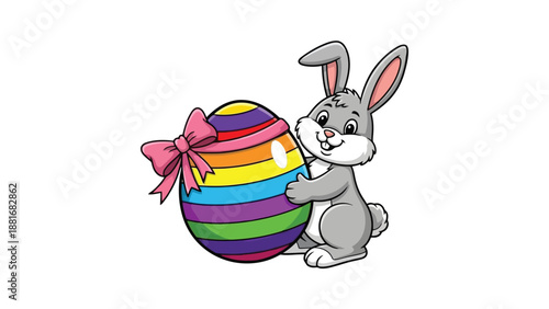 A cute cartoon bunny rabbit holding a large, colorful rainbow striped Easter egg adorned with a pink bow.