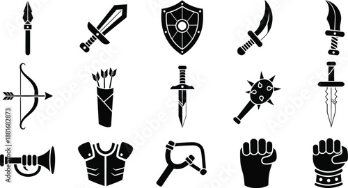 Medieval weapons and armor battle gear. Spear, swords, shield, bows and arrows, mace, daggers,  horn, tunic/vest, gorget/collar armor piece, and gauntlet/glove vector illustration. 
