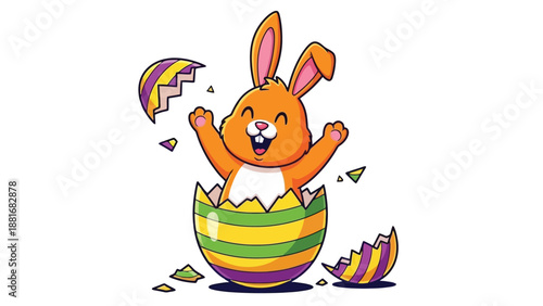 A cheerful orange bunny emerges from a cracked Easter egg with colorful stripes.