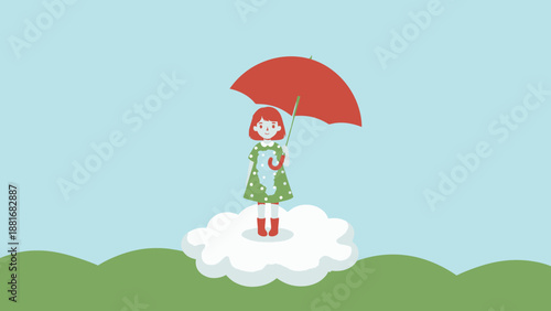 Cheerful Girl with Red Umbrella Standing on a Cloud. Cute Children's Book Illustration of Imagination, Dreams, and Weather.