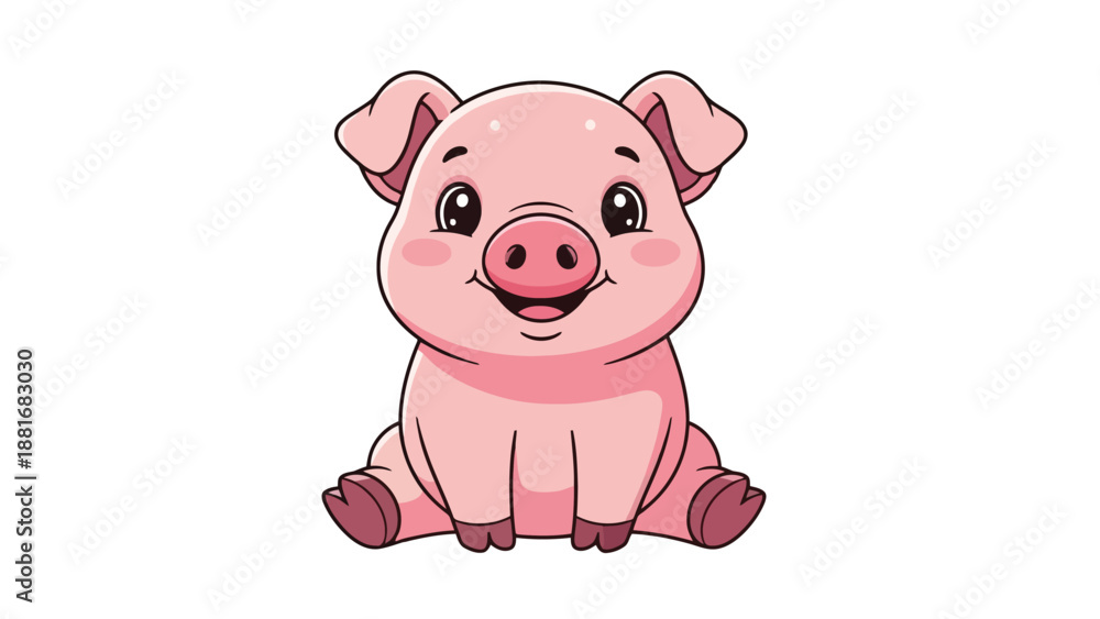 Fototapeta premium A cute cartoon illustration of a pink piglet sitting down with a happy expression.