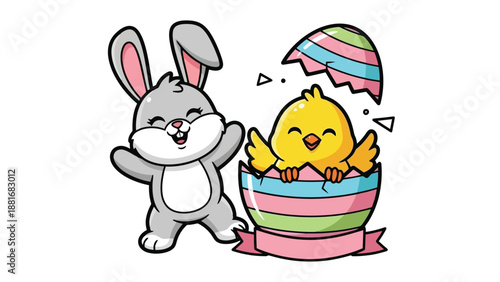 A cute cartoon Easter bunny and a baby chick hatching from a colorful Easter egg.