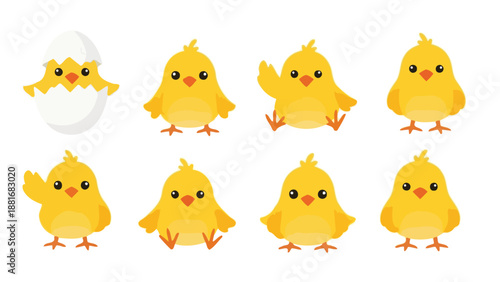 A collection of cute cartoon chicks in various poses, including one hatching from an egg.