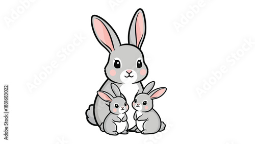 A charming illustration of a mother rabbit with her two adorable baby bunnies, depicted in a simple, clean cartoon style.