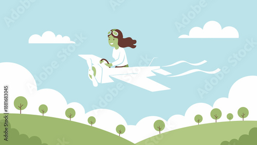 Ambitious Young Female Pilot Flying Small Airplane in Blue Sky. Career, Freedom, and Imagination Vector Illustration.