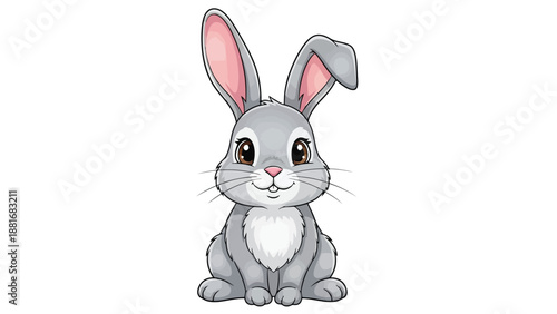 A cute cartoon illustration of a fluffy gray bunny rabbit with long ears and big eyes sitting and looking forward.