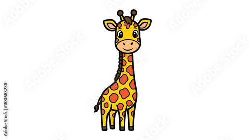 A cute cartoon giraffe with yellow and orange spots stands facing forward.
