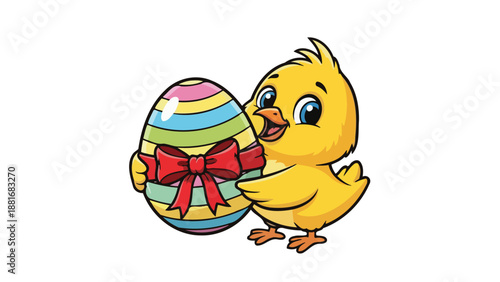A cute cartoon chick holding a colorful Easter egg decorated with a red bow.