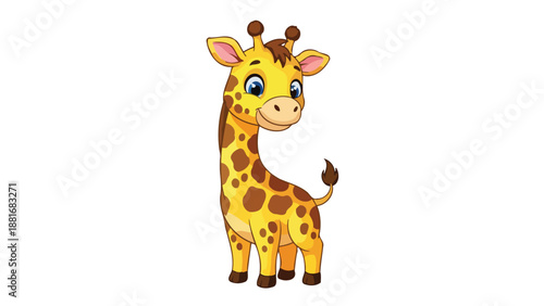 A cute cartoon illustration of a baby giraffe with big blue eyes and brown spots, standing on a white background.