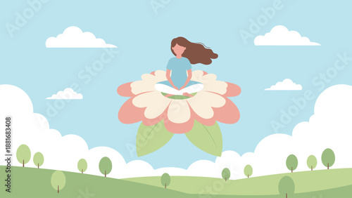 Woman Meditating on Floating Flower. Serene Yoga and Mindfulness in Nature. Wellness Illustration.