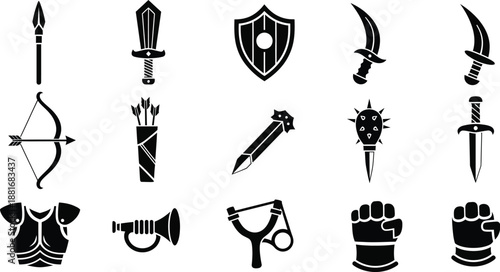 Medieval weapons and armor battle gear. Spear, swords, shield, bows and arrows, mace, daggers,  horn, tunic/vest, gorget/collar armor piece, and gauntlet/glove vector illustration. 