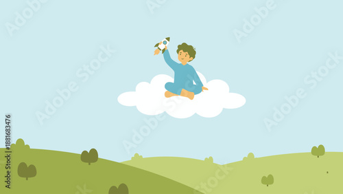 Little Boy on a Cloud Playing with a Toy Rocket, Dreaming of Space. Childhood Imagination, Future Aspirations, and Adventure Illustration.