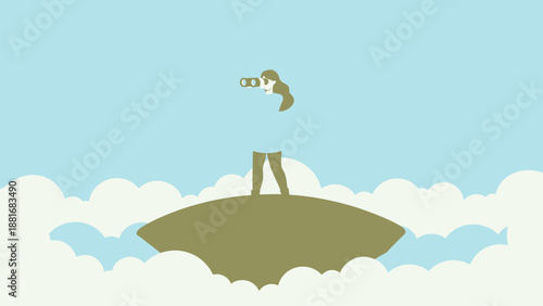 Strategic Vision: Woman on floating island searching for opportunity with binoculars. Future planning and goal setting concept illustration.