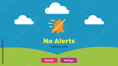 No Alerts Empty State Screen UX/UI Design. Flat illustration showing a crossed-out notification bell icon, indicating quiet mode or zero new messages, with Refresh and Settings buttons.