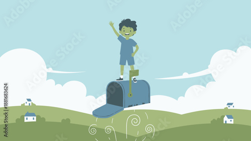 Happy Boy on Flying Mailbox Waving. Email, digital communication, and message delivery concept. Vector illustration on green hills landscape.