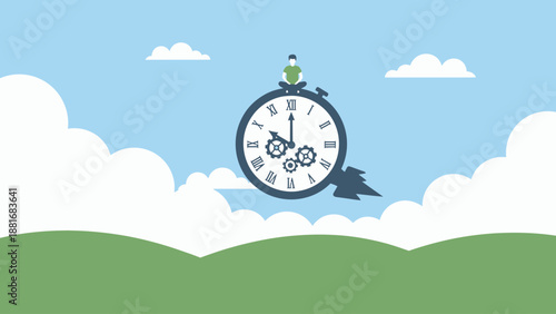 Efficient Time Management: Man Riding a Flying Clock Rocket. Productivity, Deadline Control, and Future Planning Vector Illustration.