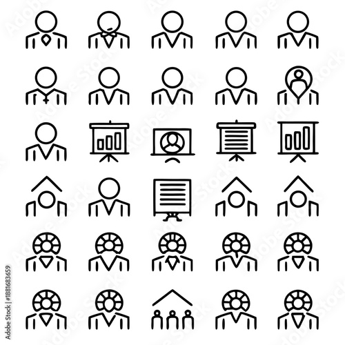 A collection of black and white icons representing various business and presentation themes, including individuals, presentations, and graphs.