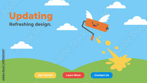 Website Updating and Refreshing Design Concept. Cute Flying Paint Roller Mascot Illustration for Maintenance Mode or Rebranding Landing Page.