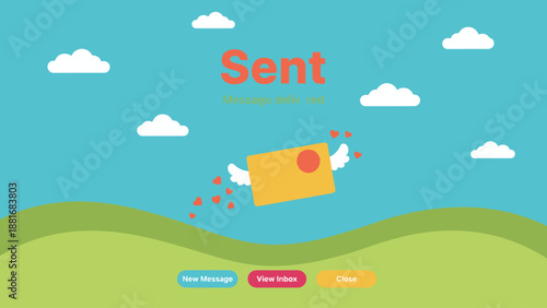 Successful Message Delivery Notification. Sent Email Confirmation Screen with Flying Love Letter Envelope UI in Flat Design Vector.