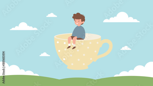 Happy Boy Sitting on a Giant Floating Teacup. Whimsical Childhood Imagination and Dream Adventure Illustration.