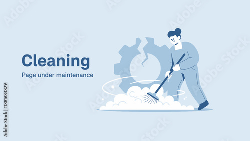 System Cleaning and Update Concept: Worker Sweeping Dust on Website Page Under Maintenance Screen Illustration