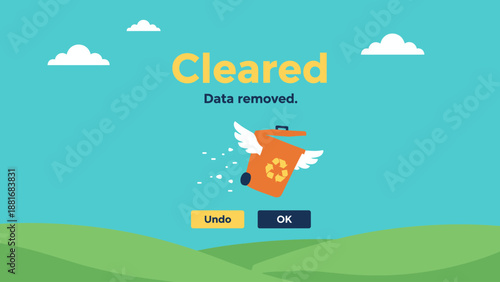Cleared Data Removed Screen with Flying Recycling Bin Illustration. Successful System Cleanup, File Deletion, and Digital Privacy Management Concept.