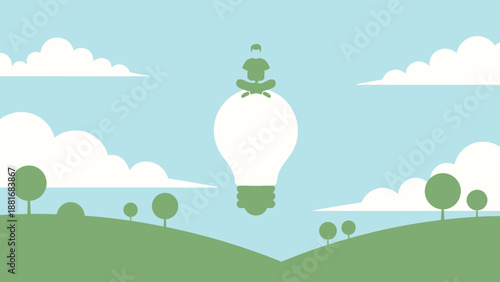 Man Meditating on a Glowing Light Bulb in Nature, Symbolizing Creative Inspiration, Mindfulness, and Business Breakthrough Ideas