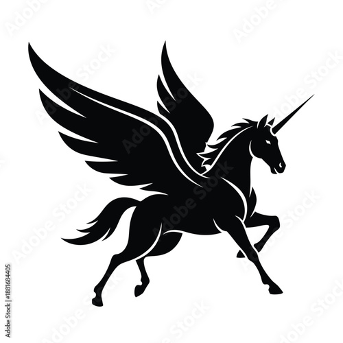 Mythical winged unicorn in flight, black silhouette vector illustration