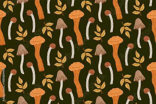 Autumn seamless pattern with mushrooms, chanterelles, leaves on a dark background. Vector hand-drawn flat illustration. Ideal for wallpaper, wrapping paper, textiles. Botanical print.