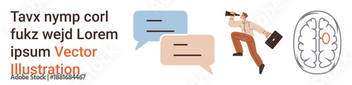 Communication, AI, problem-solving, teamwork, innovation, cognitive science. Chat bubbles, brain graphic businessman searching with a telescope. Communication and AI concepts illustrated visually