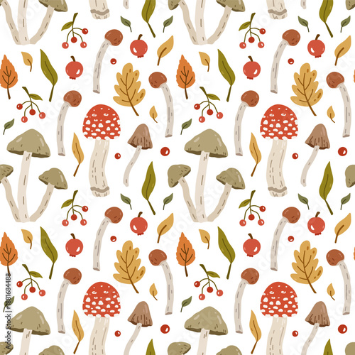 Autumn seamless pattern with mushrooms, leaves, fly agarics, berries on a white background. Vector hand-drawn flat illustration. Perfect for wallpaper, wrapping paper, textiles. Botanical print