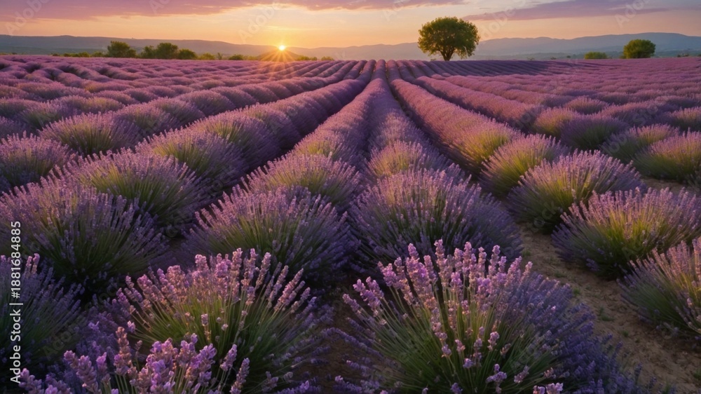 Obraz premium Expansive lavender fields in bloom at sunset, showcasing vibrant colors and serene landscape