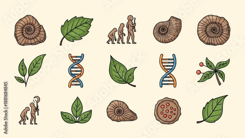 A colorful vector graphic illustration of evolution and nature symbols