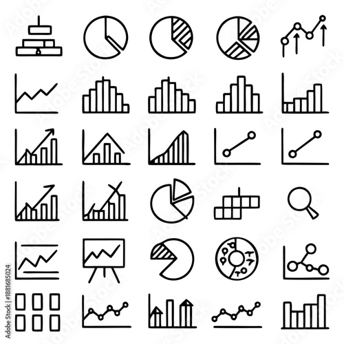 This image features a variety of icons representing different types of data visualization, including bar charts, line graphs, pie charts, and other statistical graphics.