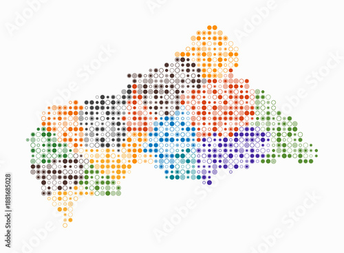 Central African Republic, shape of the country build of colored cells. Digital style map of the Central African Republic on white background. Small size circle blocks. Plain vector illustration.