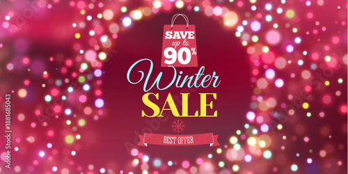 Horizontal winter sale banner with colorful bokeh lights creating a festive glowing atmosphere. Bright modern design perfect for online advertising, website headers, social media promotions and season