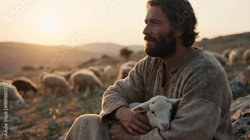 Jesus the shepherd tends his flock in a pastoral landscape at sunset. A concept of spiritual care and guidance in a religious theme. Christianity, Orthodoxy.